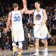 Stephen Curry and Klay Thompson of the Golden State Warriors celebrate during a game Jan. 2, 2015, in Oakland, Calif.
Noah Graham/NBAE via Getty Images